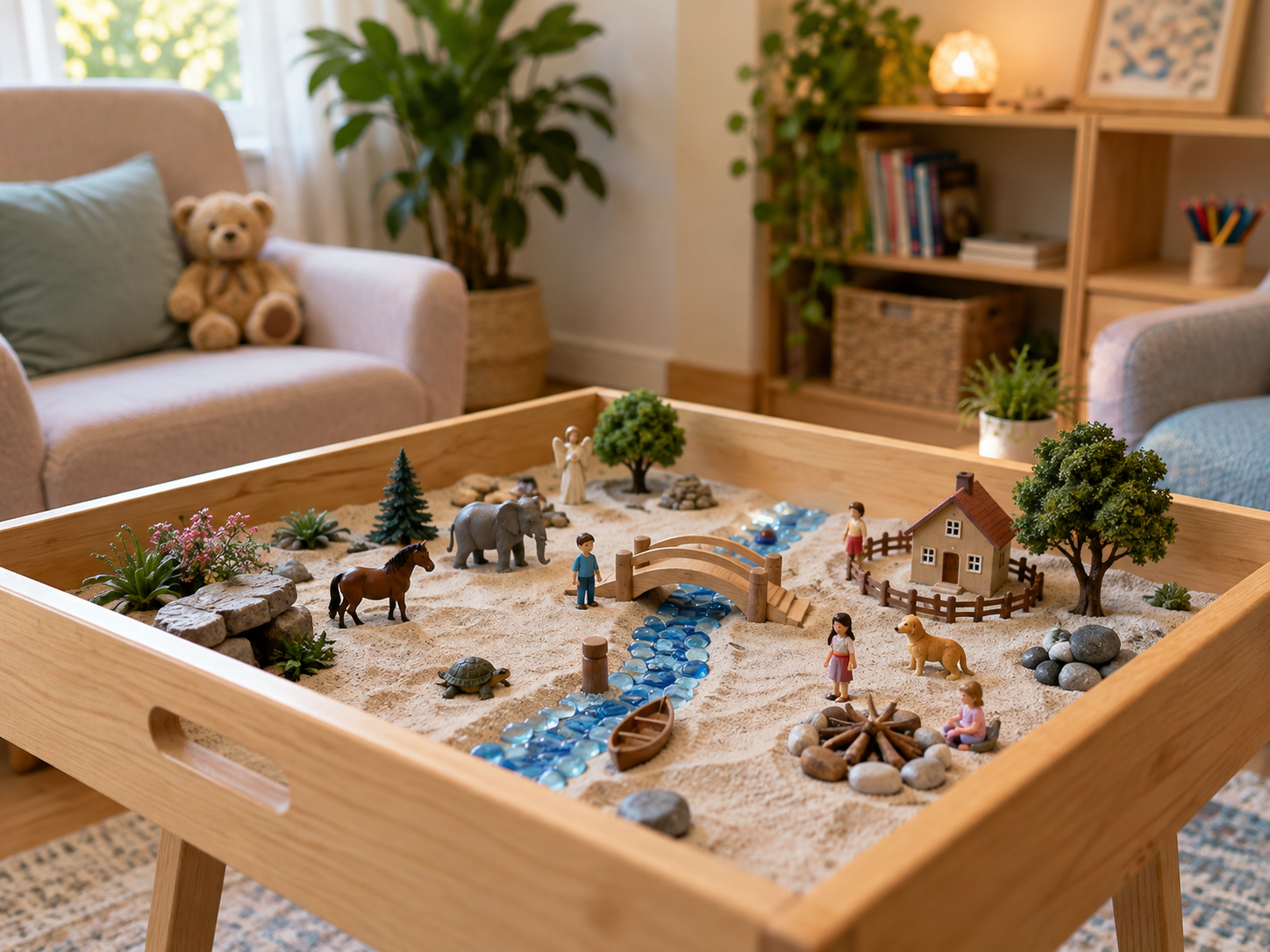 Sand tray with miniature figures for creative child-centred counselling